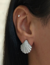 Brinco Concha Prata 925 Banho Ródio e Zircônias