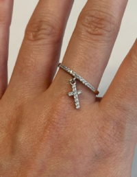 Anel Cruz Pendurada Prata 925 Banho Ródio e Zircônias