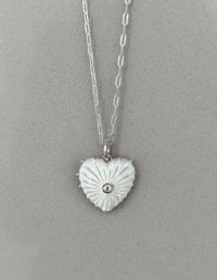 Pingente Coração Madrepérola Prata 925 Banho Ródio e Moissanite - Corrente Elos Lisa Prata 925 Banho Ródio