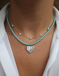 Pingente Coração Pedras Coloridas Prata 925 Banho Ródio - Corrente Seda Azul c/ Fecho Prata 925 Banho Ródio