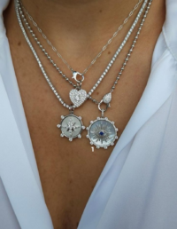 Pingente Olho Grego Azul Prata 925 Banho Ródio e Zircônias (1) - Corrente Bolinhas c/ Fecho Cravejado Prata 925 Banho Ródio e Zircônias (1)