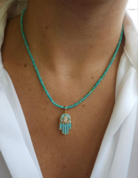 Pingente Mão Olho Grego Turquesa Prata 925 Banho Ouro 18K e Moissanite