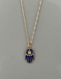 Pingente Mão Olho Grego Marinho Prata 925 Banho Ouro 18k e Moissanite - Corrente Elos Lisa Prata 925 Banho Ouro 18k