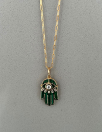 Pingente Mão Olho Grego Verde Prata 925 Banho Ouro 18k e Moissanite - Corrente Elos Lisa Prata 925 Banho Ouro 18k