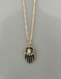 Pingente Mão Olho Grego Preto Prata 925 Banho Ouro 18k e Moissanite - Corrente Elos Lisa Prata 925 Banho Ouro 18k