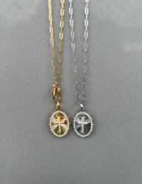 Pingente Cruz Oval Prata 925 Banho Ouro 18k e Moissanite - Corrente Elos Lisa Prata 925 Banho Ouro 18k / Ródio