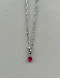 Pingente Gota Rubi Prata 925 Banho Ródio - Corrente Elos Lisa Prata 925 Banho Ródio