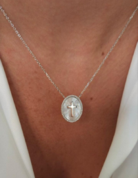 Colar Cruz Madrepérola Prata 925 Banho Ródio e Moissanite