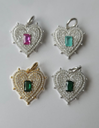 Pingente Coração Verde / Rosa Prata 925 Banho Ródio e Zircônias