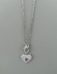 Pingente Coração Rosa Prata 925 Banho Ródio e Zircônias - Corrente Elos c/ Fecho Cravejado Prata 925 Banho Ródio e Zircônias