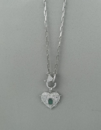 Pingente Coração Verde Prata 925 Banho Ródio e Zircônias - Corrente Elos c/ Fecho Cravejado Prata 925 Banho Ródio e Zircônias