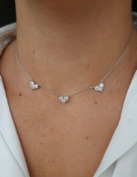 Colar 3 Corações Prata 925 Banho Ródio e Moissanite