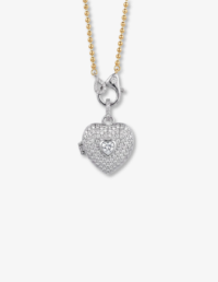 Colar Corrente Bolinhas Cravejada, Prata 925, Banho Ouro 18K e Ródio (45 cm), Pingente Relicário Coração Moissanite